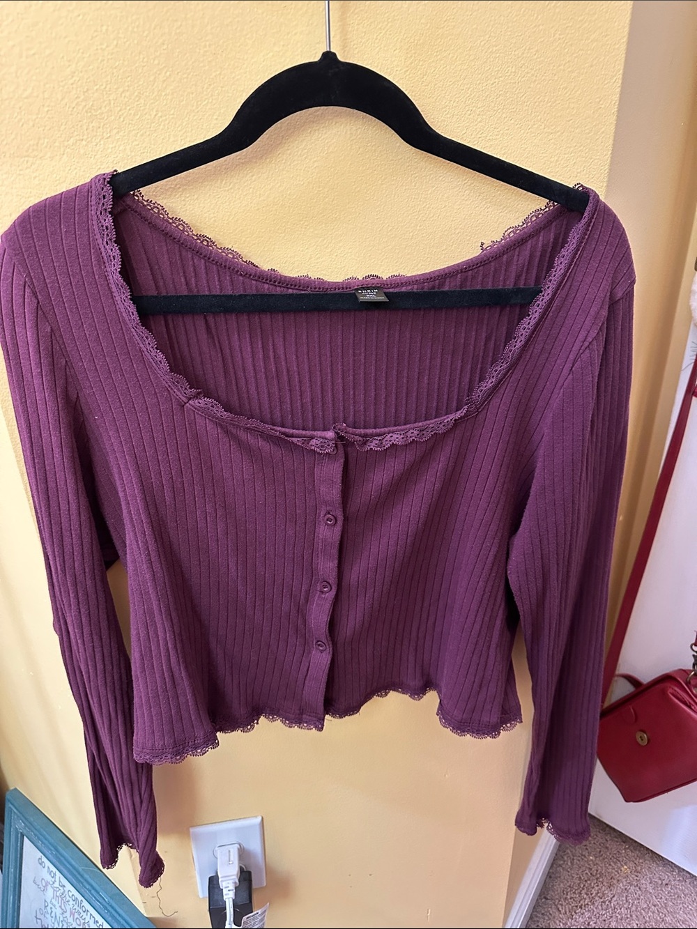 Purple Ribbed Lace-Trim Button-Front Women’s Top